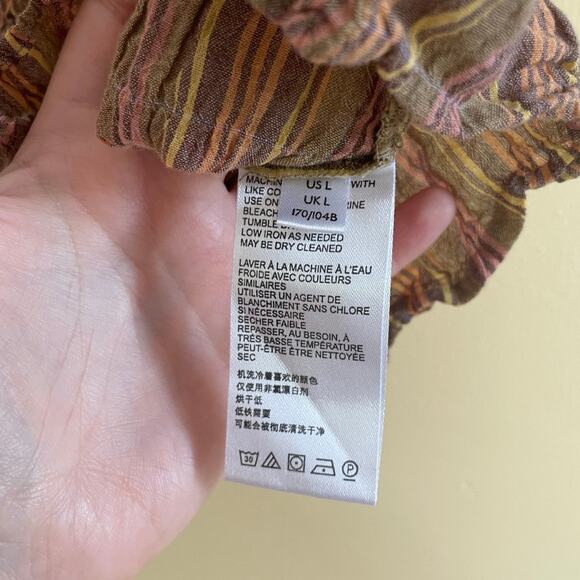 Free People Vivi Smocked Peasant Blouse Natural Stripe Sz L Neutral Boho Stripe - Picture 6 of 9